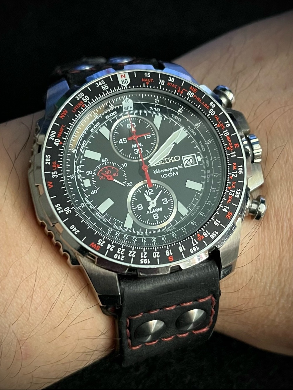 Seiko Black Dial Pilot Chronograph Watch with Red Accents